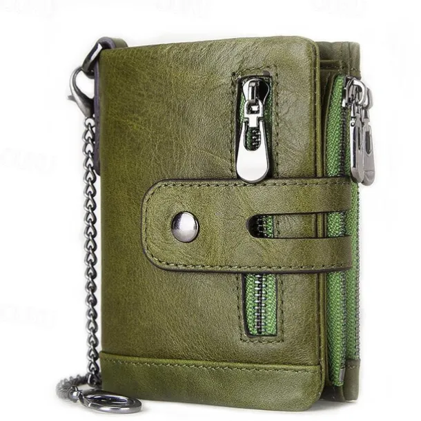 Men's Vintage Leather Wallet – Bifold Zipper Wallet with Chain, Multi-Card Slots & Snap Closure for Casual & Business Use