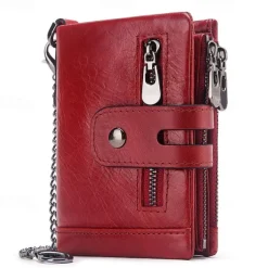 Men's Vintage Leather Wallet – Bifold Zipper Wallet with Chain, Multi-Card Slots & Snap Closure for Casual & Business Use