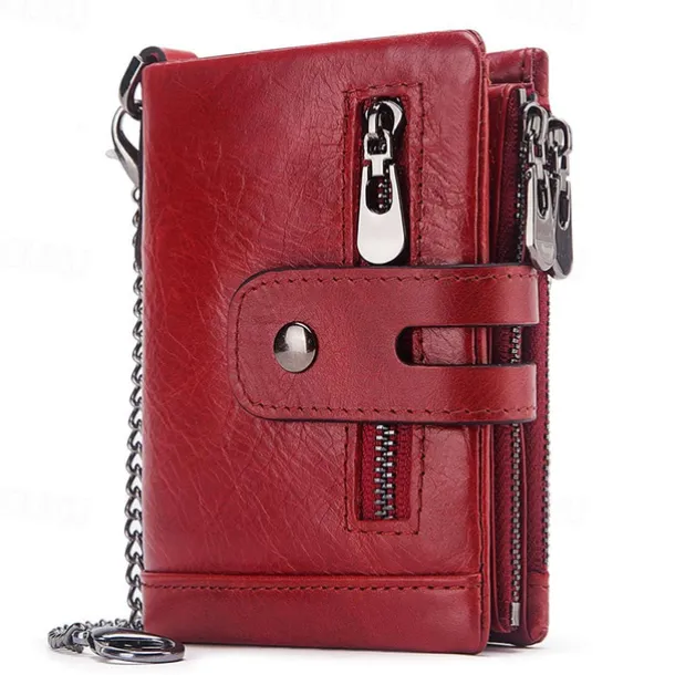 Men's Vintage Leather Wallet – Bifold Zipper Wallet with Chain, Multi-Card Slots & Snap Closure for Casual & Business Use