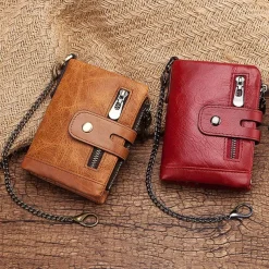 Men's Vintage Leather Wallet – Bifold Zipper Wallet with Chain, Multi-Card Slots & Snap Closure for Casual & Business Use