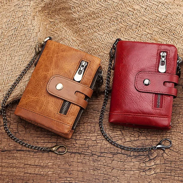 Men's Vintage Leather Wallet – Bifold Zipper Wallet with Chain, Multi-Card Slots & Snap Closure for Casual & Business Use
