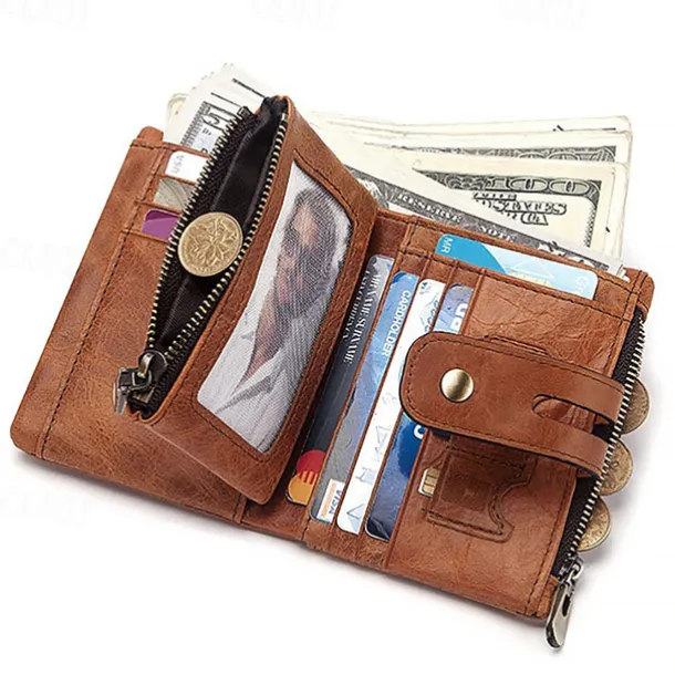 Men's Vintage Leather Wallet – Bifold Zipper Wallet with Chain, Multi-Card Slots & Snap Closure for Casual & Business Use