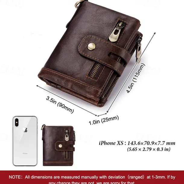 Men's Vintage Leather Wallet – Bifold Zipper Wallet with Chain, Multi-Card Slots & Snap Closure for Casual & Business Use