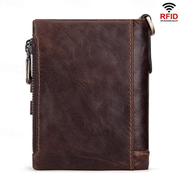 Men's Vintage Leather Wallet – Bifold Zipper Wallet with Chain, Multi-Card Slots & Snap Closure for Casual & Business Use