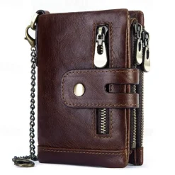 Men's Vintage Leather Wallet – Bifold Zipper Wallet with Chain, Multi-Card Slots & Snap Closure for Casual & Business Use