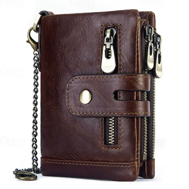 Men's Vintage Leather Wallet – Bifold Zipper Wallet with Chain, Multi-Card Slots & Snap Closure for Casual & Business Use