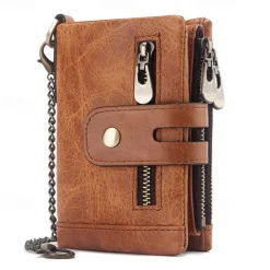 Men's Vintage Leather Wallet – Bifold Zipper Wallet with Chain, Multi-Card Slots & Snap Closure for Casual & Business Use