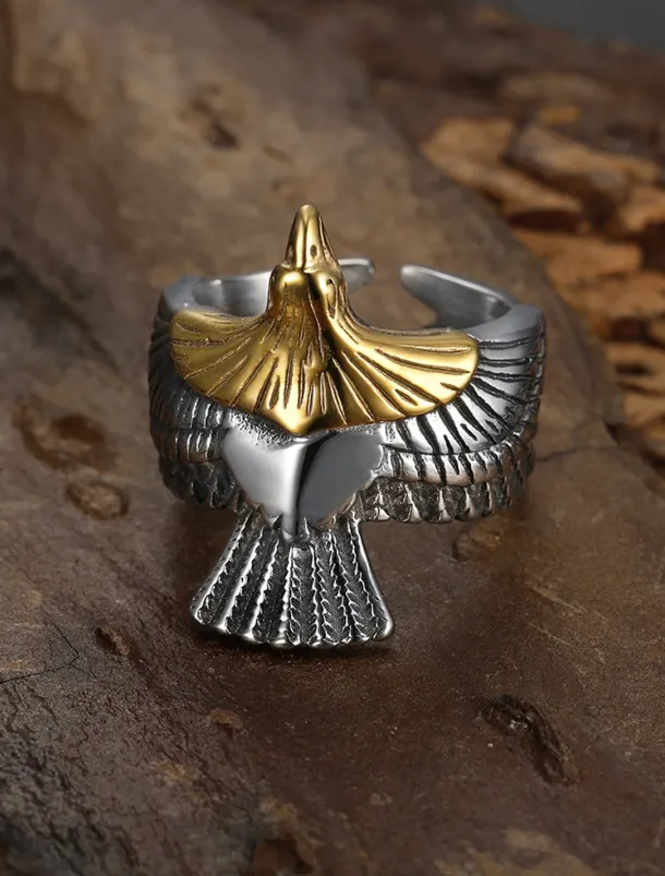Men's Vintage Silver and Gold Eagle Ring - Bold Animal Design, Stainless Steel Jewelry, Perfect for Casual Wear, Party and Gift