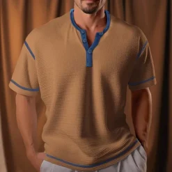 Men's Waffle Henley Shirt Henley Shirt Tee Top Color Block Henley Street Vacation Short Sleeves Patchwork Knitted Clothing Apparel Polyester Fashion Designer Basic