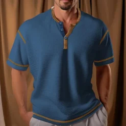 Men's Waffle Henley Shirt Henley Shirt Tee Top Color Block Henley Street Vacation Short Sleeves Patchwork Knitted Clothing Apparel Polyester Fashion Designer Basic