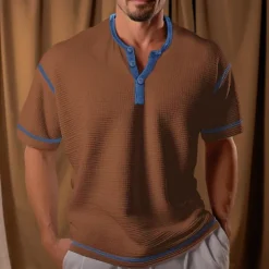 Men's Waffle Henley Shirt Henley Shirt Tee Top Color Block Henley Street Vacation Short Sleeves Patchwork Knitted Clothing Apparel Polyester Fashion Designer Basic