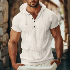 Men's Waffle Knit Tee Tee Top Short Sleeve Hooded Summer Solid Color Daily Casual Buttons Hooded Outdoor Street Causal White Gray Green Top Tee for Men