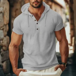 Men's Waffle Knit Tee Tee Top Short Sleeve Hooded Summer Solid Color Daily Casual Buttons Hooded Outdoor Street Causal White Gray Green Top Tee for Men