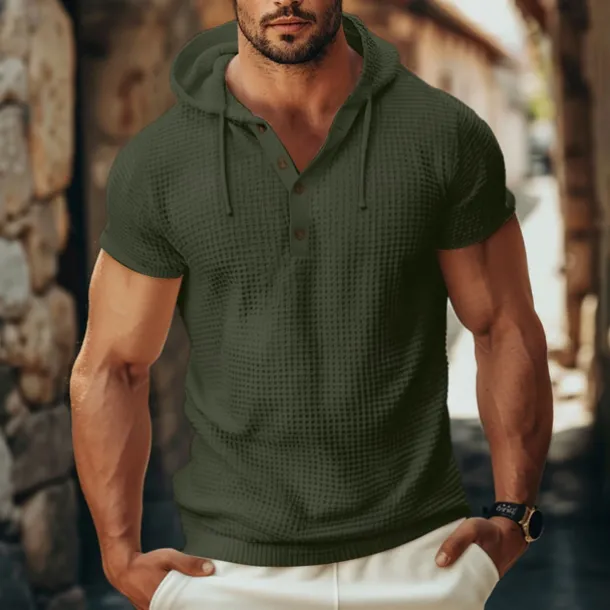 Men's Waffle Knit Tee Tee Top Short Sleeve Hooded Summer Solid Color Daily Casual Buttons Hooded Outdoor Street Causal White Gray Green Top Tee for Men