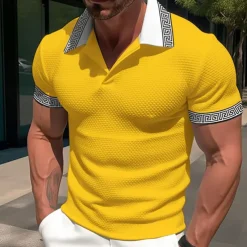 Men's Waffle Polo Shirt Business Polo Work Casual Lapel Ribbed Polo Collar Short Sleeve Modern Old Money Style Color Block Patchwork Button Spring & Summer Regular Fit Light Yellow Dark red Black