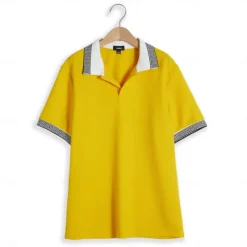 Men's Waffle Polo Shirt Business Polo Work Casual Lapel Ribbed Polo Collar Short Sleeve Modern Old Money Style Color Block Patchwork Button Spring & Summer Regular Fit Light Yellow Dark red Black