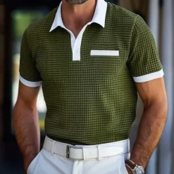 Men's Waffle Polo Shirt Golf Shirt Casual Holiday Lapel Ribbed Polo Collar Short Sleeve Old Money Style Plain Button Soft Summer Spring Regular Fit Green Waffle Polo Shirt