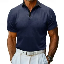 Men's Waffle Polo Shirt Golf Shirt Casual Holiday Lapel Ribbed Polo Collar Short Sleeve Fashion Basic Plain Button Soft Summer Spring Regular Fit Army Green Black White Burgundy Navy Blue Khaki