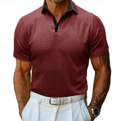 Men's Waffle Polo Shirt Golf Shirt Casual Holiday Lapel Ribbed Polo Collar Short Sleeve Fashion Basic Plain Button Soft Summer Spring Regular Fit Army Green Black White Burgundy Navy Blue Khaki