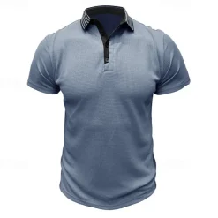 Men's Waffle Polo Shirt Golf Shirt Casual Holiday Lapel Ribbed Polo Collar Short Sleeve Fashion Basic Plain Button Soft Summer Spring Regular Fit Army Green Black White Burgundy Navy Blue Khaki