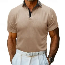 Men's Waffle Polo Shirt Golf Shirt Casual Holiday Lapel Ribbed Polo Collar Short Sleeve Fashion Basic Plain Button Soft Summer Spring Regular Fit Army Green Black White Burgundy Navy Blue Khaki
