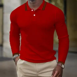 Men's Waffle Polo Shirt Golf Shirt Casual Holiday Lapel Classic Long Sleeve Fashion Basic Plain Button Summer Regular Fit Fire Red Black White Dark Navy Grey Waffle Polo Shirt