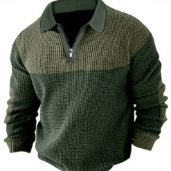 Men's Waffle Polo Shirt Polo Shirt Formal Business Quarter Zip Long Sleeve Fashion Basic Solid Color Patchwork Zipper Spring & Fall Blue Brown Army Green Grey Waffle Polo Shirt
