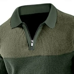 Men's Waffle Polo Shirt Polo Shirt Formal Business Quarter Zip Long Sleeve Fashion Basic Solid Color Patchwork Zipper Spring & Fall Blue Brown Army Green Grey Waffle Polo Shirt