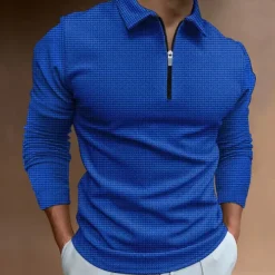 Men's Waffle Polo Shirt Quarter Zip Polo Going out Gym Turndown Quarter Zip Long Sleeve Sportswear Casual Solid Color Tartan Patchwork Zipper Fall & Winter Regular Fit Black White Yellow Blue Orange