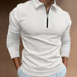 Men's Waffle Polo Shirt Quarter Zip Polo Going out Gym Turndown Quarter Zip Long Sleeve Sportswear Casual Solid Color Tartan Patchwork Zipper Fall & Winter Regular Fit Black White Yellow Blue Orange