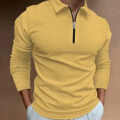 Men's Waffle Polo Shirt Quarter Zip Polo Going out Gym Turndown Quarter Zip Long Sleeve Sportswear Casual Solid Color Tartan Patchwork Zipper Fall & Winter Regular Fit Black White Yellow Blue Orange