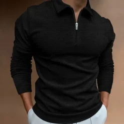 Men's Waffle Polo Shirt Quarter Zip Polo Going out Gym Turndown Quarter Zip Long Sleeve Sportswear Casual Solid Color Tartan Patchwork Zipper Fall & Winter Regular Fit Black White Yellow Blue Orange