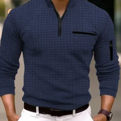 Men's Waffle Polo Shirt Quarter Zip Polo Daily Holiday Quarter Zip Long Sleeve Fashion Modern Plain Pocket Spring & Fall Regular Fit Black White Navy Blue Orange Light Grey Dark Gray Waffle Polo
