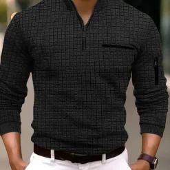 Men's Waffle Polo Shirt Quarter Zip Polo Daily Holiday Quarter Zip Long Sleeve Fashion Modern Plain Pocket Spring & Fall Regular Fit Black White Navy Blue Orange Light Grey Dark Gray Waffle Polo