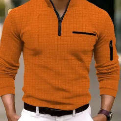 Men's Waffle Polo Shirt Quarter Zip Polo Daily Holiday Quarter Zip Long Sleeve Fashion Modern Plain Pocket Spring & Fall Regular Fit Black White Navy Blue Orange Light Grey Dark Gray Waffle Polo