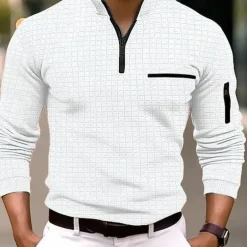 Men's Waffle Polo Shirt Quarter Zip Polo Daily Holiday Quarter Zip Long Sleeve Fashion Modern Plain Pocket Spring & Fall Regular Fit Black White Navy Blue Orange Light Grey Dark Gray Waffle Polo