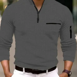 Men's Waffle Polo Shirt Quarter Zip Polo Daily Holiday Quarter Zip Long Sleeve Fashion Modern Plain Pocket Spring & Fall Regular Fit Black White Navy Blue Orange Light Grey Dark Gray Waffle Polo
