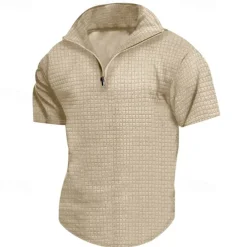 Men's Waffle Polo Shirt Quarter Zip Polo Daily Holiday Quarter Zip Short Sleeve Fashion Basic Plain Spring & Summer Regular Fit Black White Burgundy Khaki Light Grey Army Green Waffle Polo Shirt