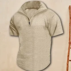 Men's Waffle Polo Shirt Quarter Zip Polo Daily Holiday Quarter Zip Short Sleeve Fashion Basic Plain Spring & Summer Regular Fit Black White Burgundy Khaki Light Grey Army Green Waffle Polo Shirt