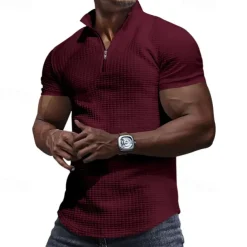 Men's Waffle Polo Shirt Quarter Zip Polo Daily Holiday Quarter Zip Short Sleeve Fashion Basic Plain Spring & Summer Regular Fit Black White Burgundy Khaki Light Grey Army Green Waffle Polo Shirt
