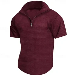 Men's Waffle Polo Shirt Quarter Zip Polo Daily Holiday Quarter Zip Short Sleeve Fashion Basic Plain Spring & Summer Regular Fit Black White Burgundy Khaki Light Grey Army Green Waffle Polo Shirt