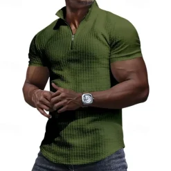 Men's Waffle Polo Shirt Quarter Zip Polo Daily Holiday Quarter Zip Short Sleeve Fashion Basic Plain Spring & Summer Regular Fit Black White Burgundy Khaki Light Grey Army Green Waffle Polo Shirt