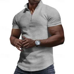 Men's Waffle Polo Shirt Quarter Zip Polo Daily Holiday Quarter Zip Short Sleeve Fashion Basic Plain Spring & Summer Regular Fit Black White Burgundy Khaki Light Grey Army Green Waffle Polo Shirt