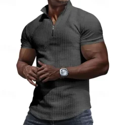 Men's Waffle Polo Shirt Quarter Zip Polo Daily Holiday Quarter Zip Short Sleeve Fashion Basic Plain Spring & Summer Regular Fit Black White Burgundy Khaki Light Grey Army Green Waffle Polo Shirt