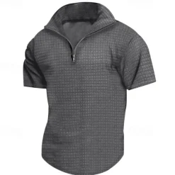 Men's Waffle Polo Shirt Quarter Zip Polo Daily Holiday Quarter Zip Short Sleeve Fashion Basic Plain Spring & Summer Regular Fit Black White Burgundy Khaki Light Grey Army Green Waffle Polo Shirt