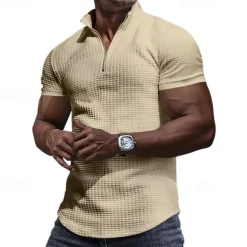 Men's Waffle Polo Shirt Quarter Zip Polo Daily Holiday Quarter Zip Short Sleeve Fashion Basic Plain Spring & Summer Regular Fit Black White Burgundy Khaki Light Grey Army Green Waffle Polo Shirt