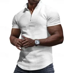 Men's Waffle Polo Shirt Quarter Zip Polo Daily Holiday Quarter Zip Short Sleeve Fashion Basic Plain Spring & Summer Regular Fit Black White Burgundy Khaki Light Grey Army Green Waffle Polo Shirt