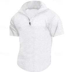 Men's Waffle Polo Shirt Quarter Zip Polo Daily Holiday Quarter Zip Short Sleeve Fashion Basic Plain Spring & Summer Regular Fit Black White Burgundy Khaki Light Grey Army Green Waffle Polo Shirt