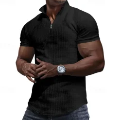 Men's Waffle Polo Shirt Quarter Zip Polo Daily Holiday Quarter Zip Short Sleeve Fashion Basic Plain Spring & Summer Regular Fit Black White Burgundy Khaki Light Grey Army Green Waffle Polo Shirt