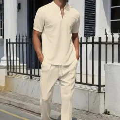 Men's Waffle Polo Shirt Quarter Zip Polo Daily Holiday Quarter Zip Short Sleeve Fashion Basic Plain Spring & Summer Regular Fit Black White Blue Khaki Gray Waffle Polo Shirt